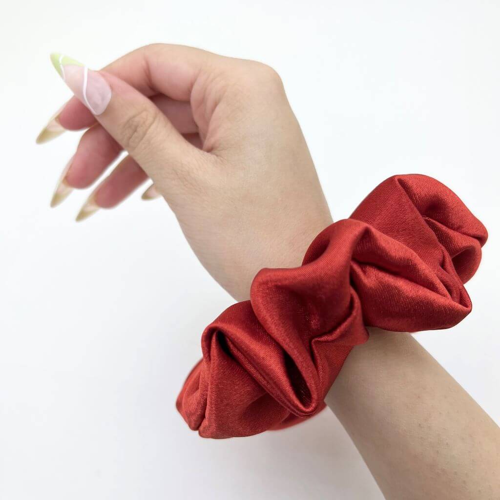Everyday Satin Silk Scrunchie On Hand Crimson Red Color
