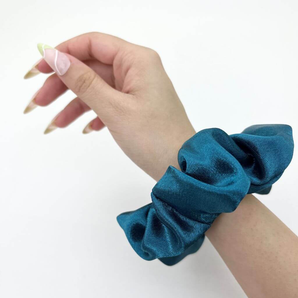 Everyday Satin Silk Scrunchie On Hand Deep Turquoise Color