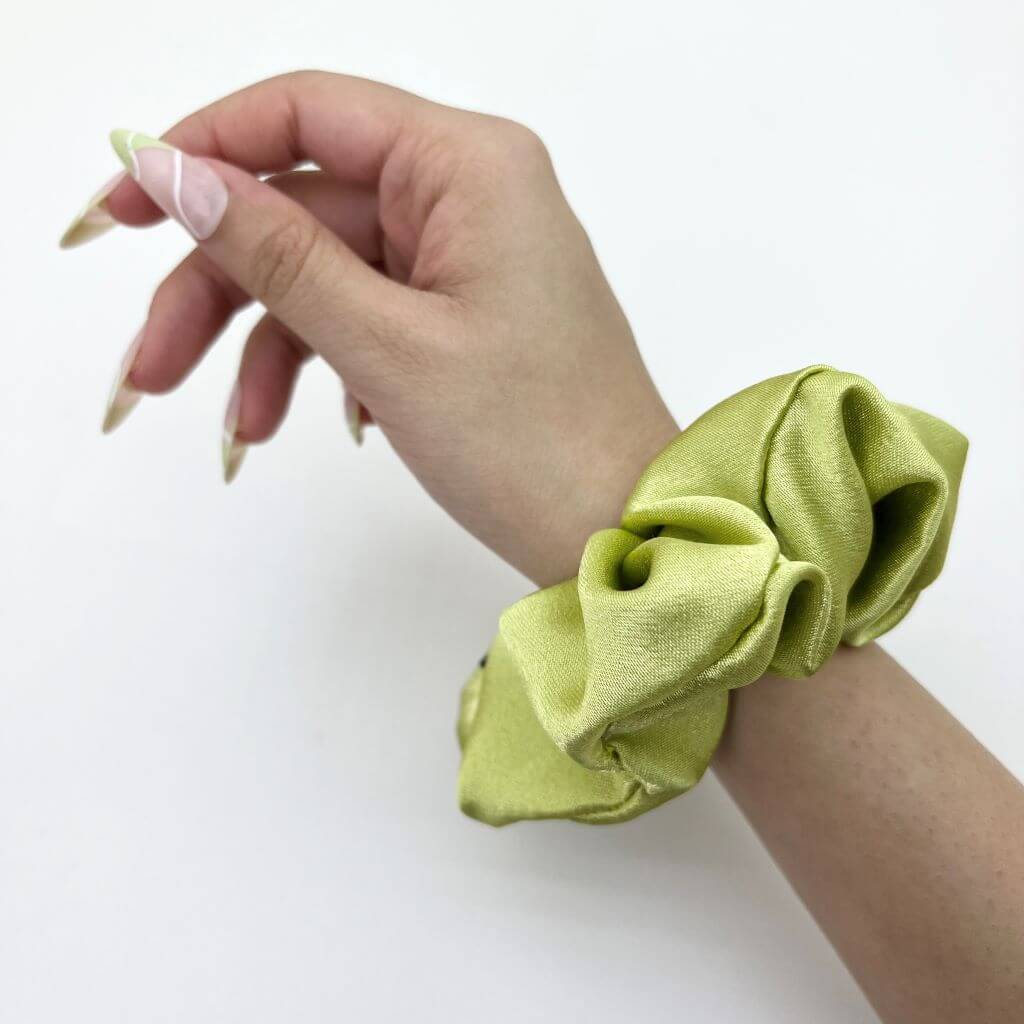 Everyday Satin Silk Scrunchie On Hand Lime Green Color