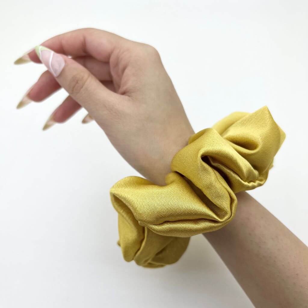 Everyday Satin Silk Scrunchie On Hand Luxury Gold Color