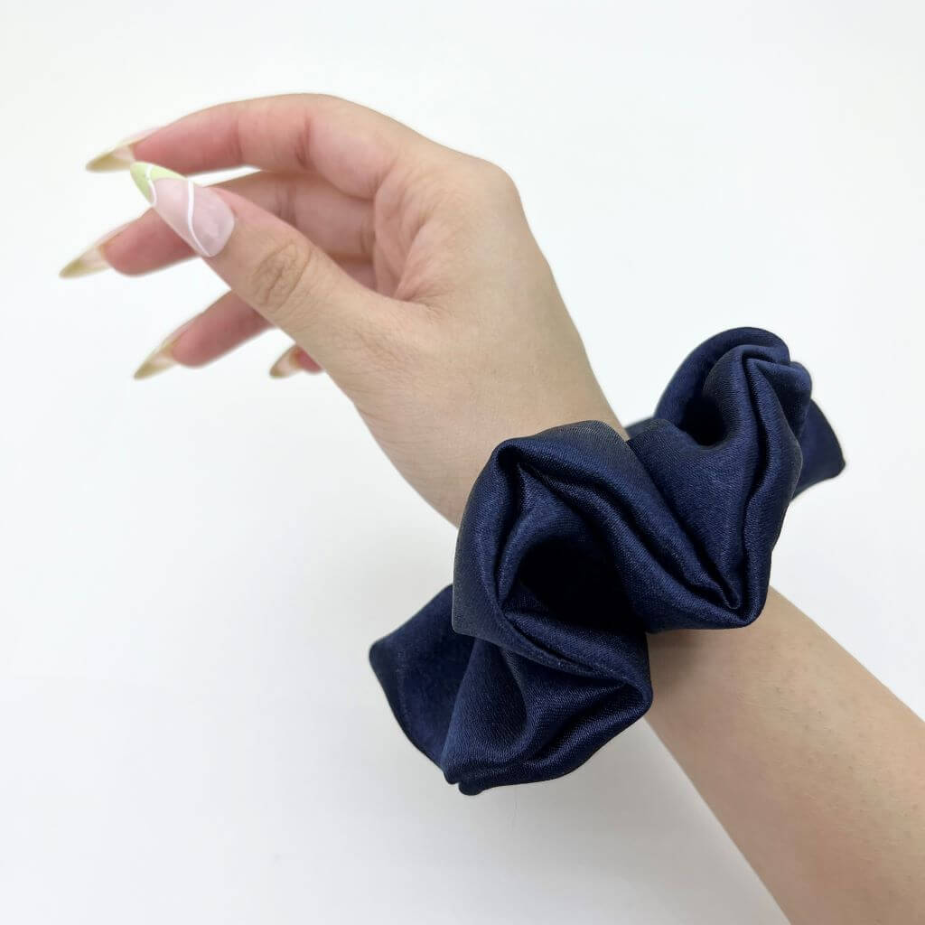 Everyday Satin Silk Scrunchie On Hand Midnight Blue Color
