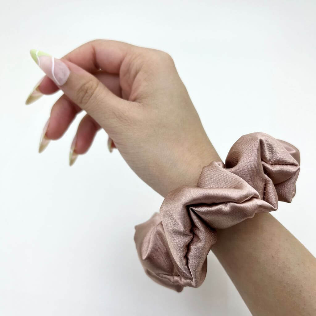 Everyday Satin Silk Scrunchie On Hand Neutral Brown Color