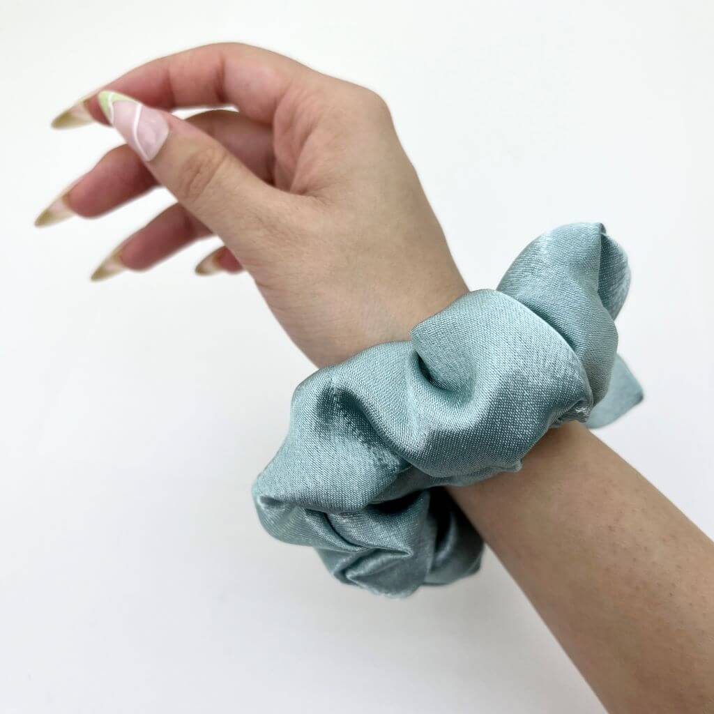Everyday Satin Silk Scrunchie On Hand Seafoam Blue Color