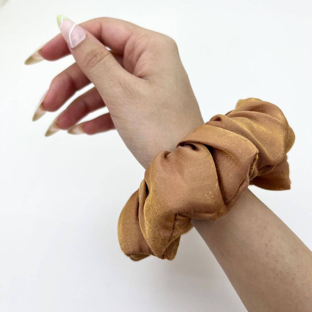 Everyday Satin Silk Scrunchie On Hand Two-Tone Tan Color