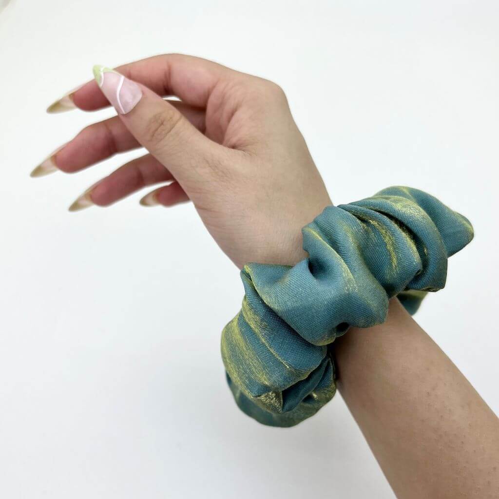 Everyday Satin Silk Scrunchie On Hand Two-Tone Teal Color