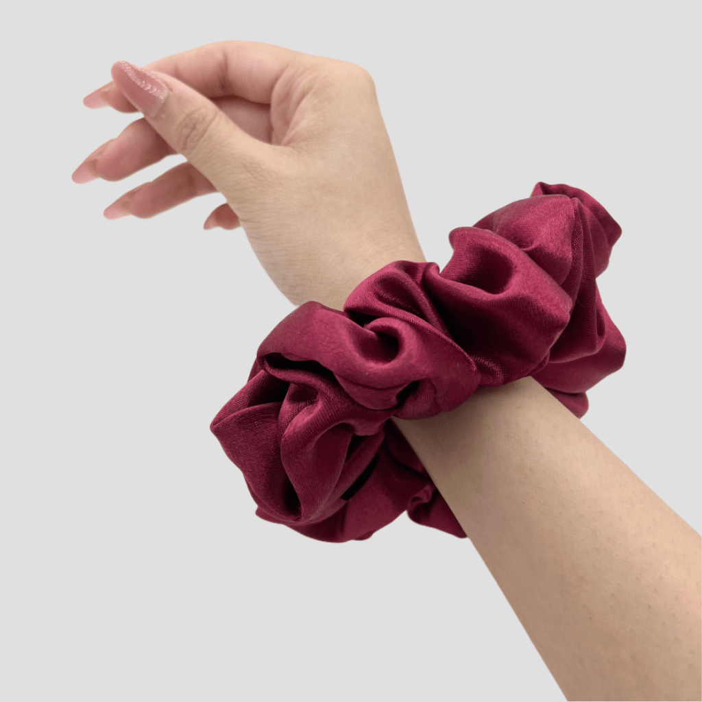 Scarlet Red Satin Silk Scrunchie - Champagne Gold Mini Perfume Spray Btl.