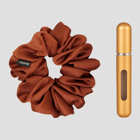 Caramel Crush Matte Silk Scrunchie - Champagne Gold Mini Perfume Spray Btl.