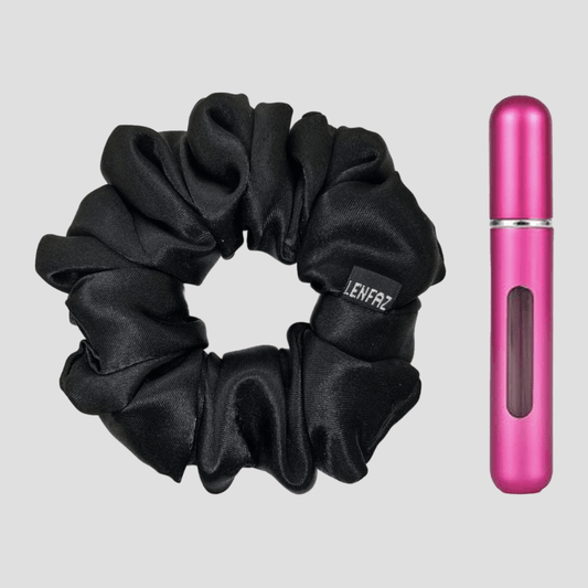 Radiant Black Satin Silk Scrunchie - Berry Pink Mini Perfume Spray Btl.