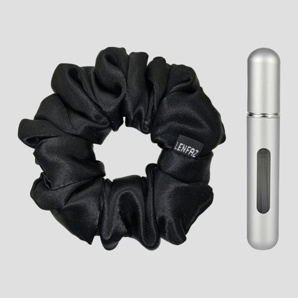Radiant Black Satin Silk Scrunchie - Steel Silver Mini Perfume Spray Btl.
