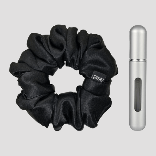 Radiant Black Satin Silk Scrunchie - Steel Silver Mini Perfume Spray Btl.