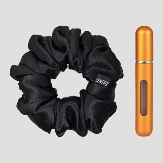 Radiant Black Satin Silk Scrunchie - Sunset Yellow Mini Perfume Spray Btl.