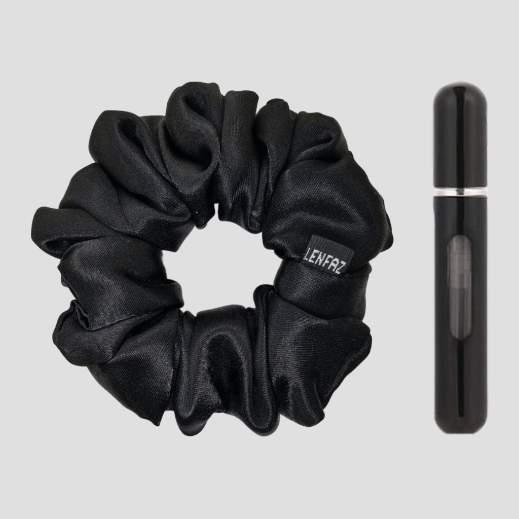 Radiant Black Satin Silk Scrunchie - Ultra Black Mini Perfume Spray Btl.