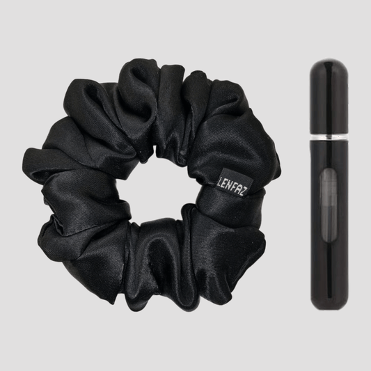 Radiant Black Satin Silk Scrunchie - Ultra Black Mini Perfume Spray Btl.