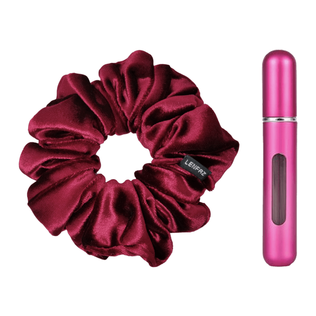 Intense Burgundy Velvet Scrunchie and Berry Pink Mini Perfume Refillable Spray Bottle Gift Set