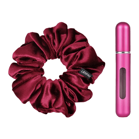 Intense Burgundy Velvet Scrunchie and Berry Pink Mini Perfume Refillable Spray Bottle Gift Set