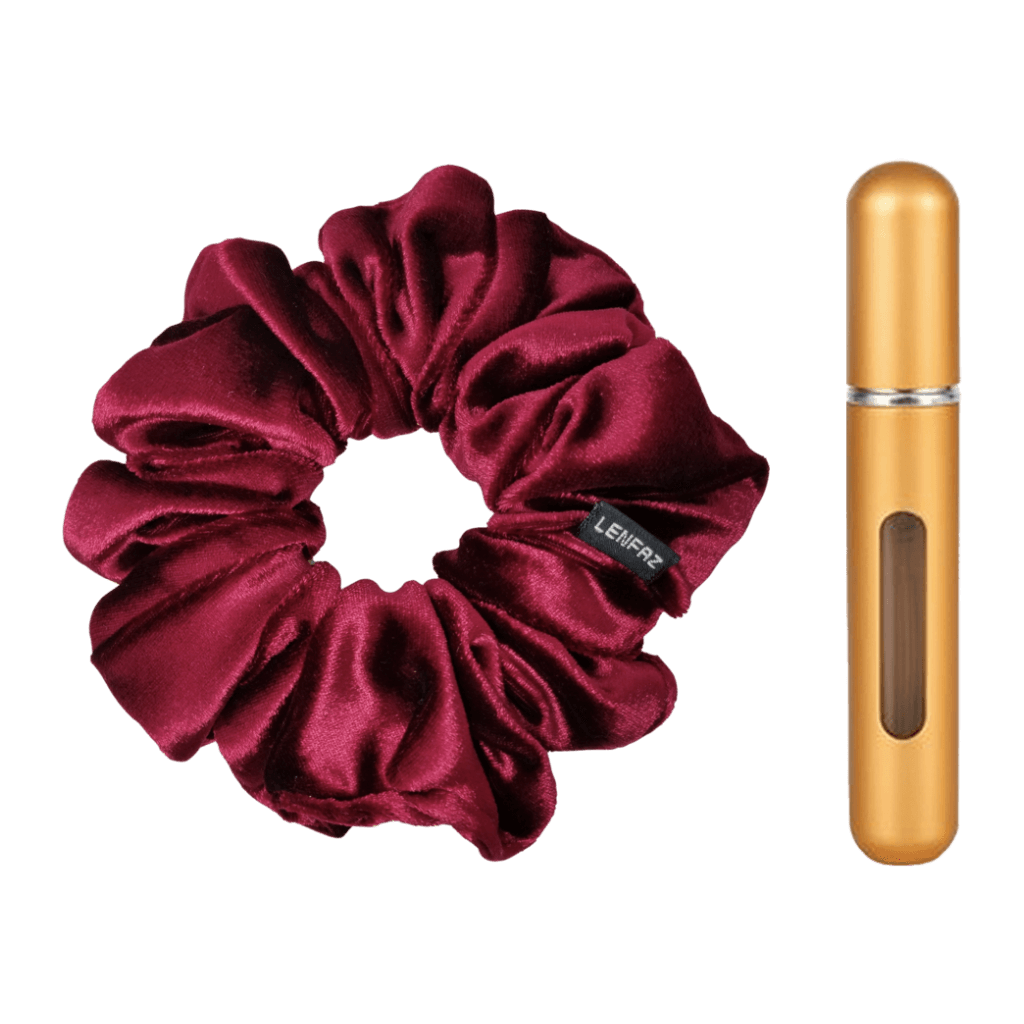 Intense Burgundy Velvet Scrunchie and Champagne Gold Mini Perfume Refillable Spray Bottle Gift Set