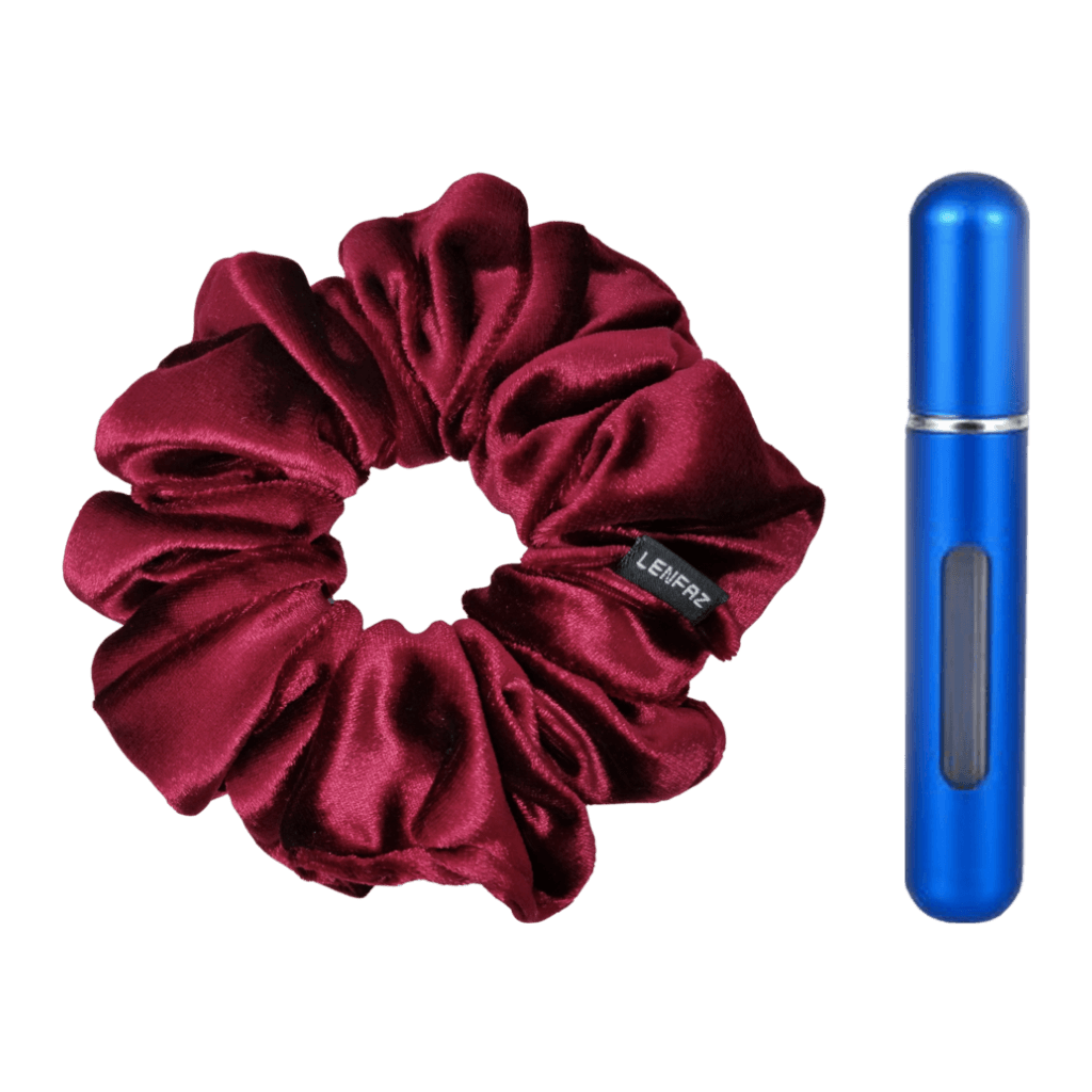 Intense Burgundy Velvet Scrunchie and Royal Blue Mini Perfume Refillable Spray Bottle Gift Set