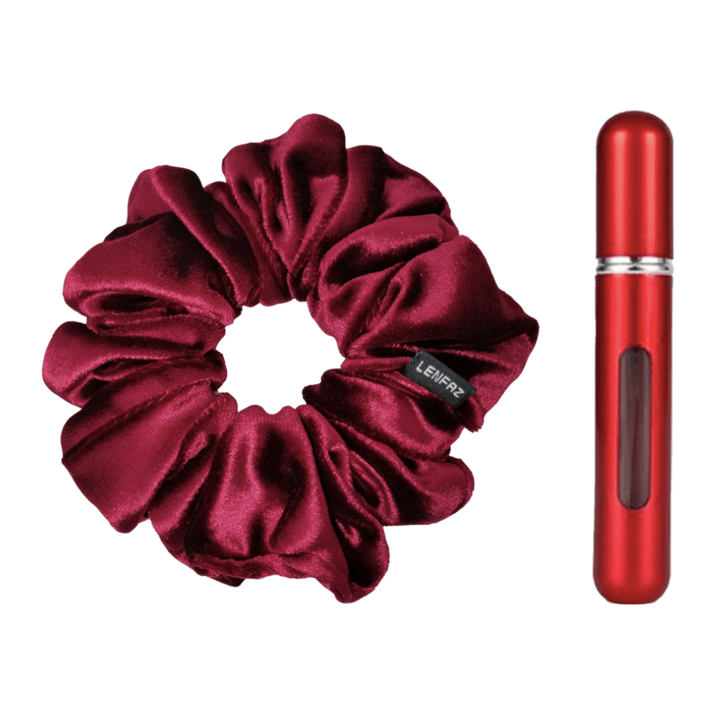 Intense Burgundy Velvet Scrunchie and So Red Mini Perfume Refillable Spray Bottle Gift Set