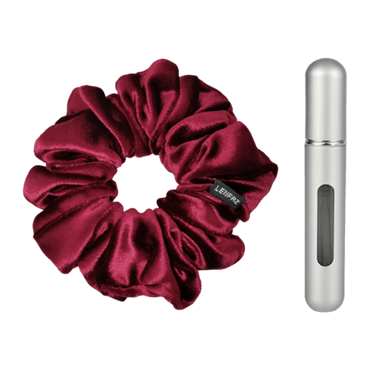 Intense Burgundy Velvet Scrunchie and Steel Silver Mini Perfume Refillable Spray Bottle Gift Set