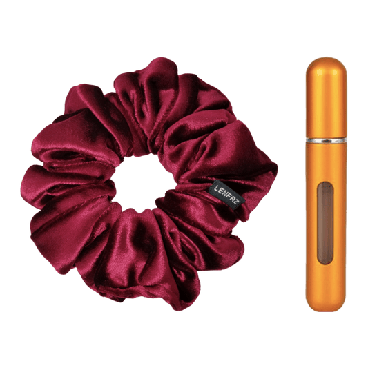 Intense Burgundy Velvet Scrunchie and Sunset Yellow Mini Perfume Refillable Spray Bottle Gift Set