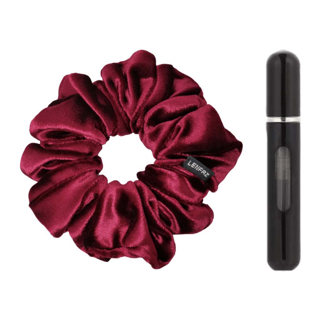 Intense Burgundy Velvet Scrunchie and Ultra Black Mini Perfume Refillable Spray Bottle Gift Set