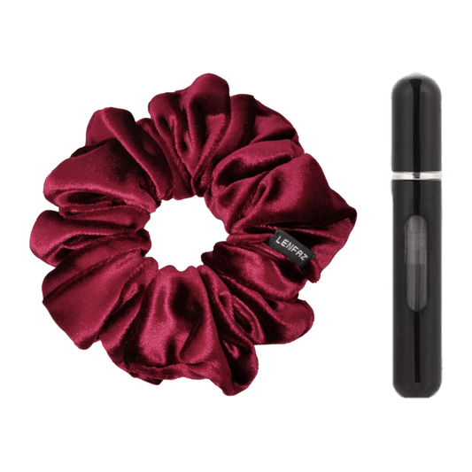 Intense Burgundy Velvet Scrunchie and Ultra Black Mini Perfume Refillable Spray Bottle Gift Set