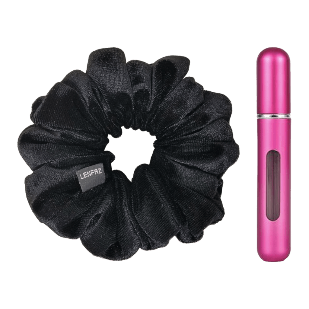 Black Diamond Velvet Scrunchie and Berry Pink Mini Perfume Refillable Spray Bottle Gift Set