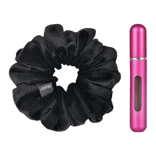 Black Diamond Velvet Scrunchie and Berry Pink Mini Perfume Refillable Spray Bottle Gift Set