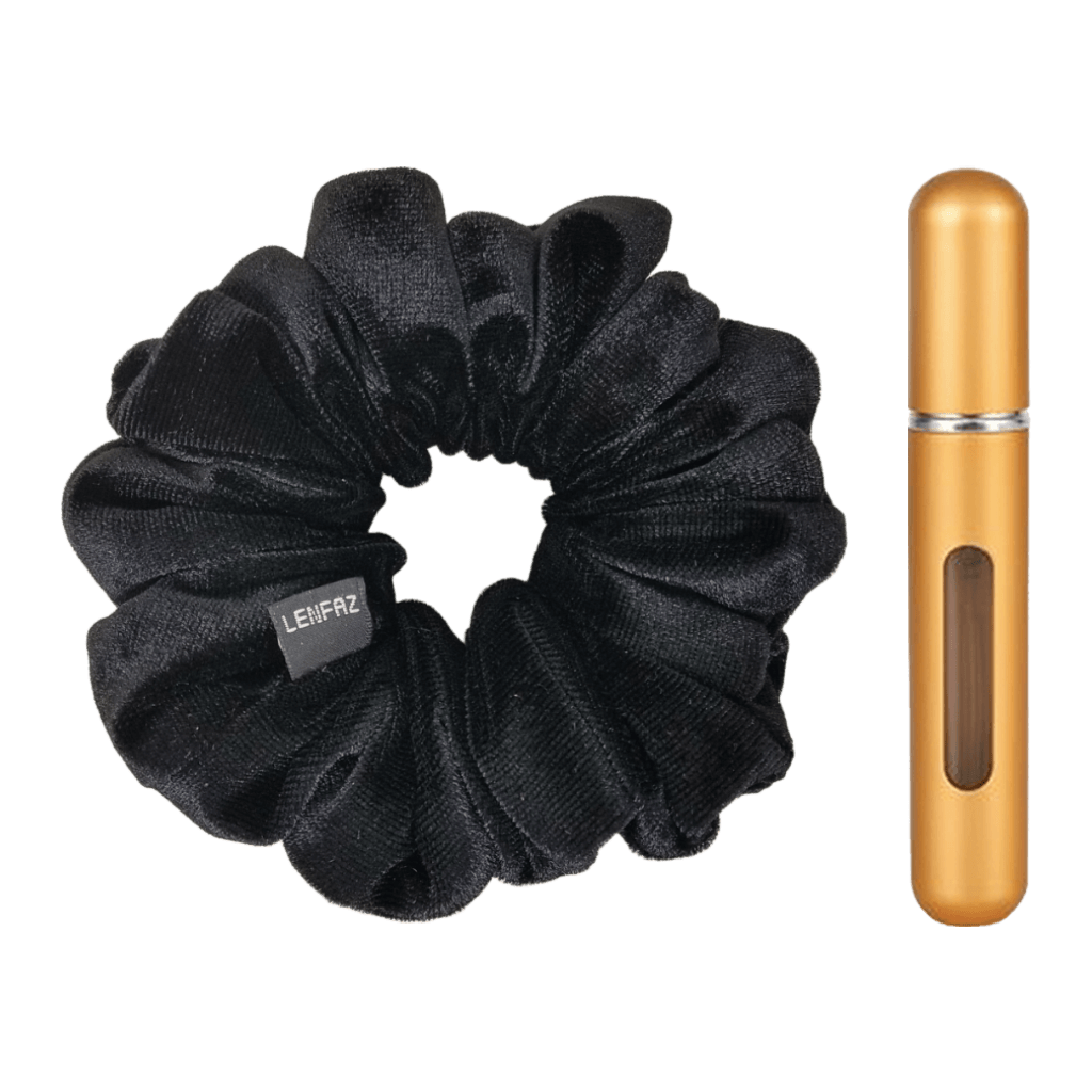 Black Diamond Velvet Scrunchie and Champagne Gold Mini Perfume Refillable Spray Bottle Gift Set