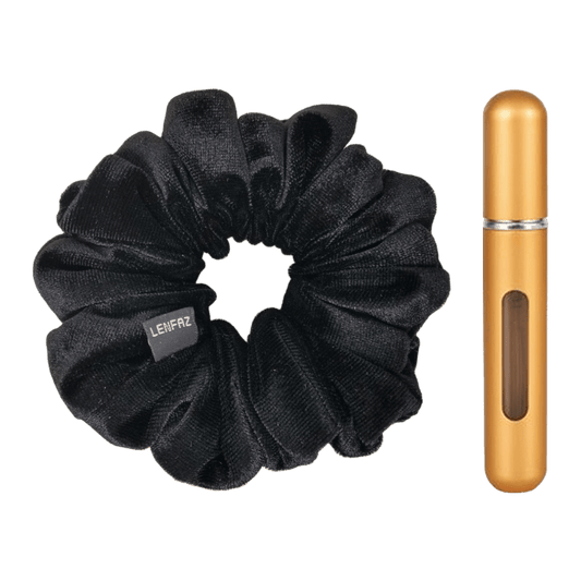 Black Diamond Velvet Scrunchie and Champagne Gold Mini Perfume Refillable Spray Bottle Gift Set