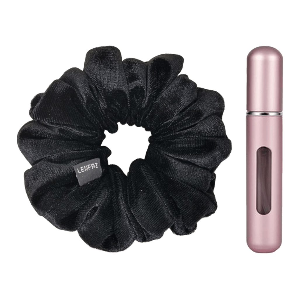 Black Diamond Velvet Scrunchie and Light Pink Mini Perfume Refillable Spray Bottle Gift Set