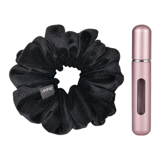 Black Diamond Velvet Scrunchie and Light Pink Mini Perfume Refillable Spray Bottle Gift Set