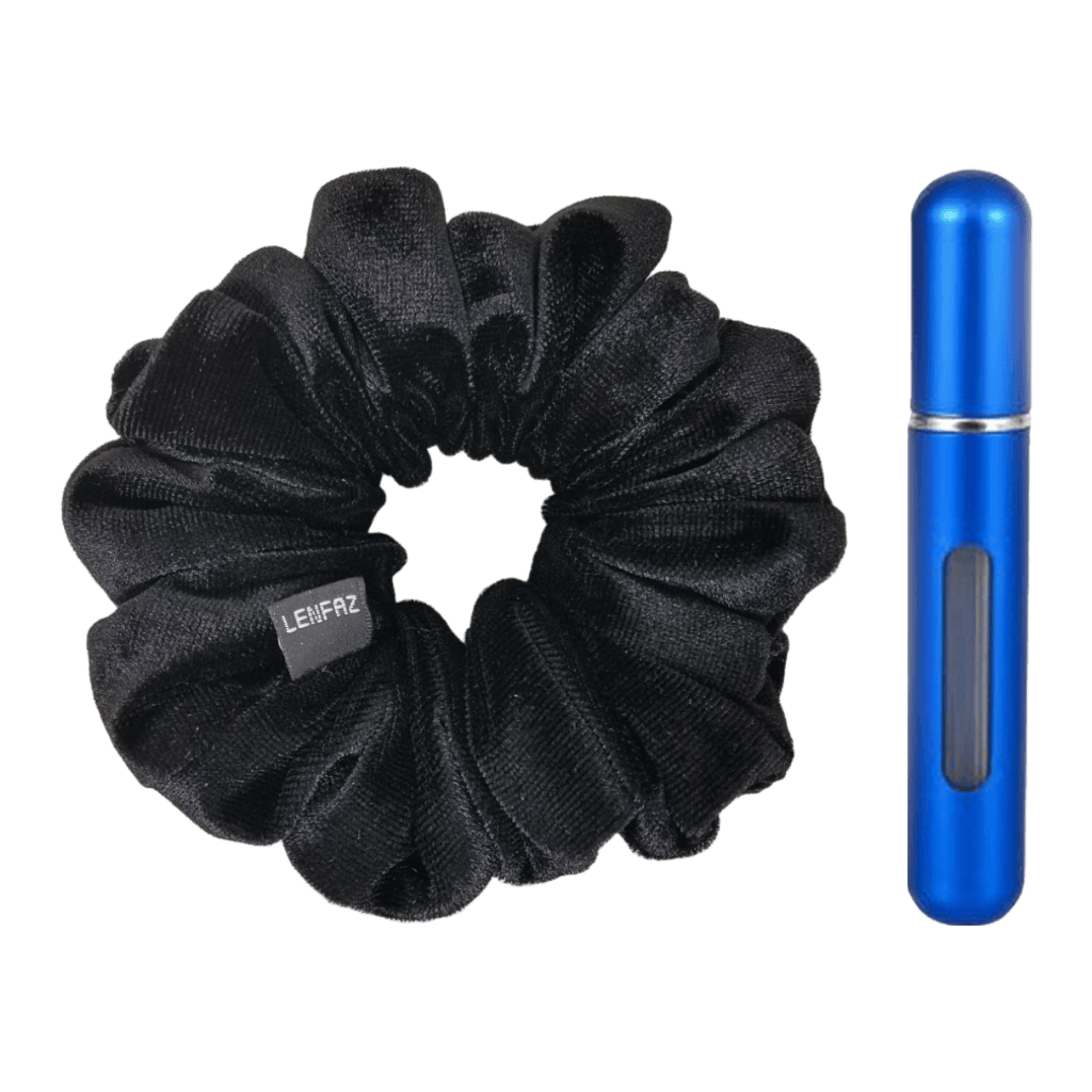 Black Diamond Velvet Scrunchie and Royal Blue Mini Perfume Refillable Spray Bottle Gift Set