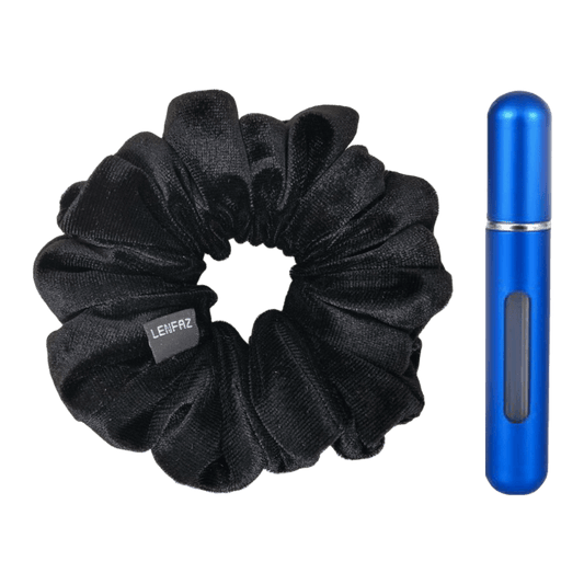 Black Diamond Velvet Scrunchie and Royal Blue Mini Perfume Refillable Spray Bottle Gift Set