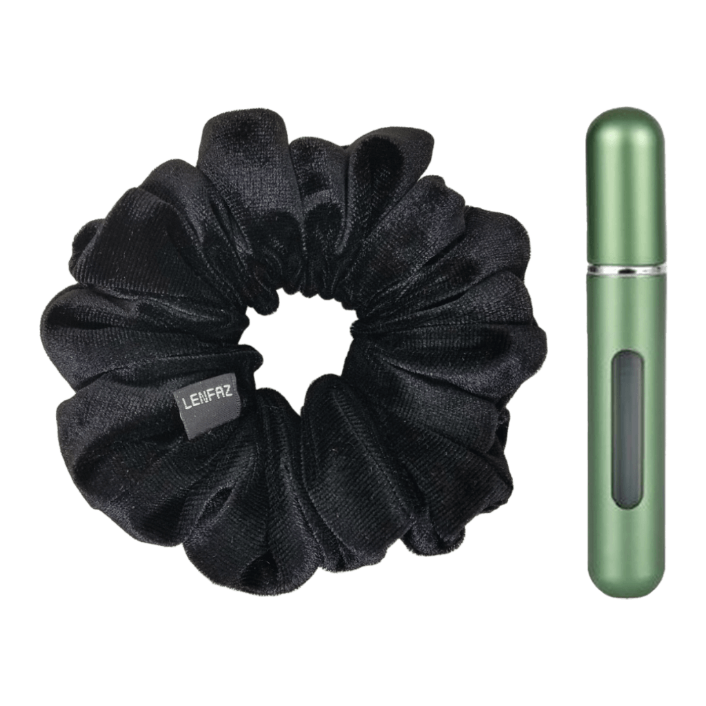 Black Diamond Velvet Scrunchie and Sage Green Mini Perfume Refillable Spray Bottle Gift Set