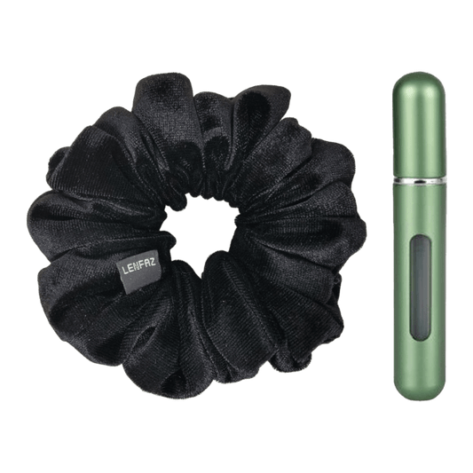 Black Diamond Velvet Scrunchie and Sage Green Mini Perfume Refillable Spray Bottle Gift Set