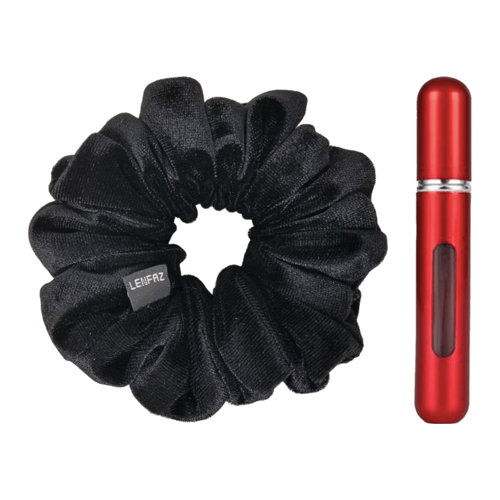 Black Diamond Velvet Scrunchie and So Red Mini Perfume Refillable Spray Bottle Gift Set