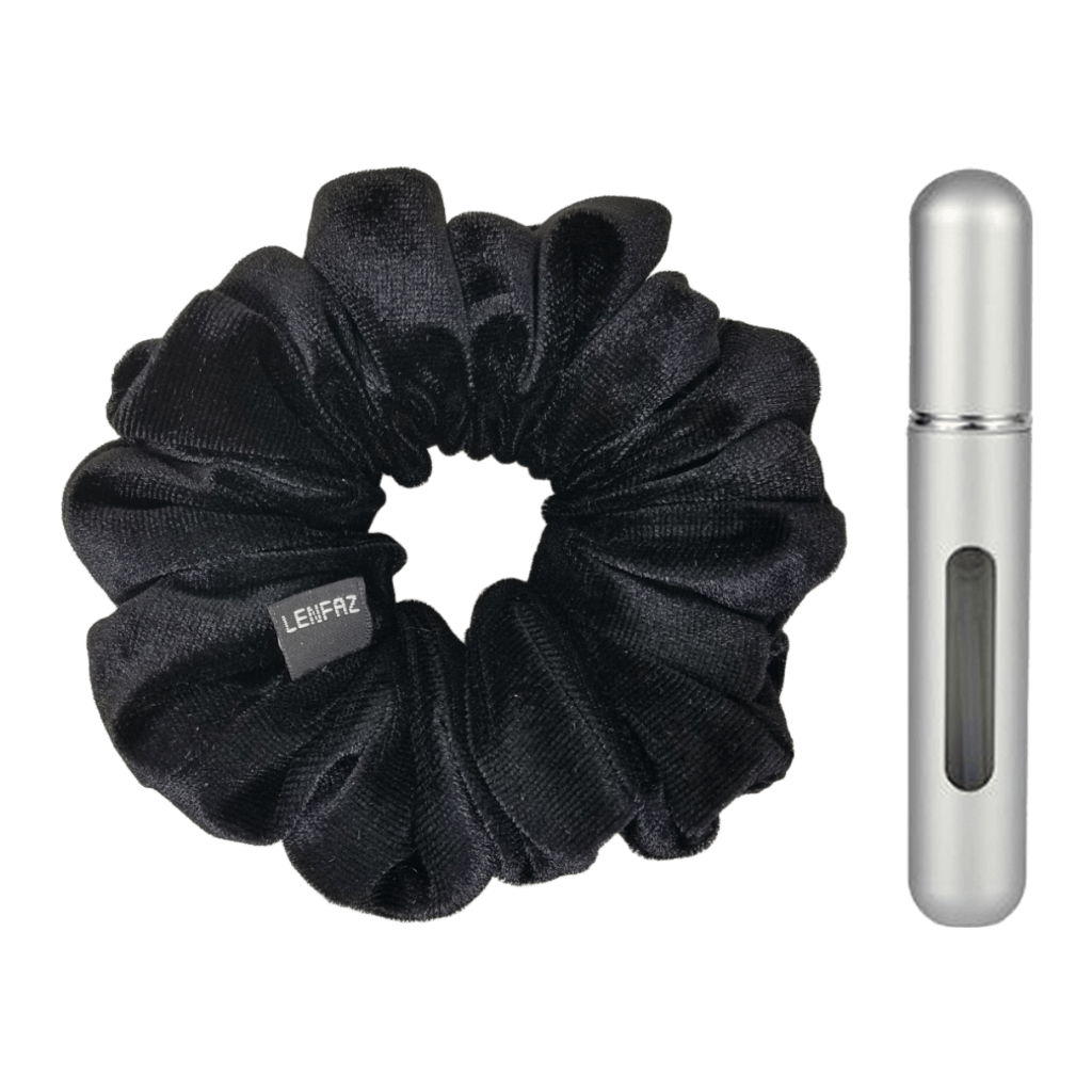 Black Diamond Velvet Scrunchie and Steel Silver Mini Perfume Refillable Spray Bottle Gift Set