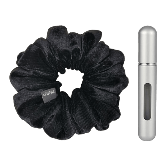 Black Diamond Velvet Scrunchie and Steel Silver Mini Perfume Refillable Spray Bottle Gift Set