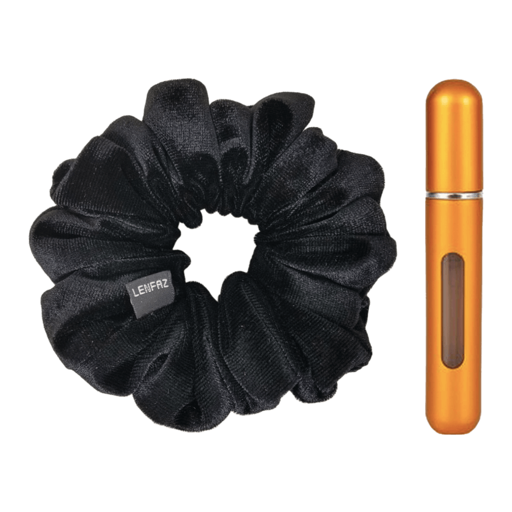 Black Diamond Velvet Scrunchie and Sunset Yellow Mini Perfume Refillable Spray Bottle Gift Set