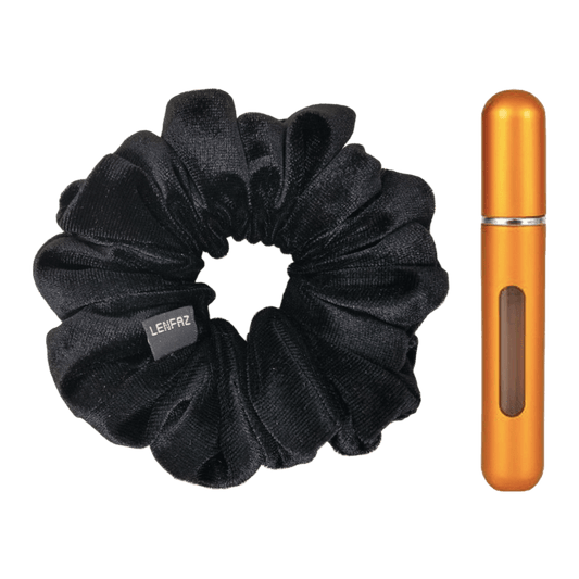 Black Diamond Velvet Scrunchie and Sunset Yellow Mini Perfume Refillable Spray Bottle Gift Set