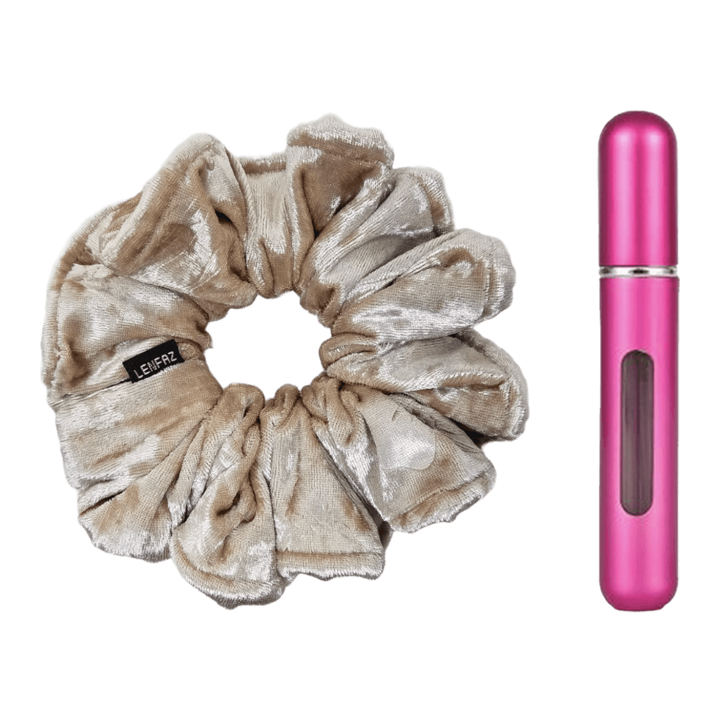 French Vanilla Velvet Scrunchie and Berry Pink Mini Perfume Refillable Spray Bottle Gift Set