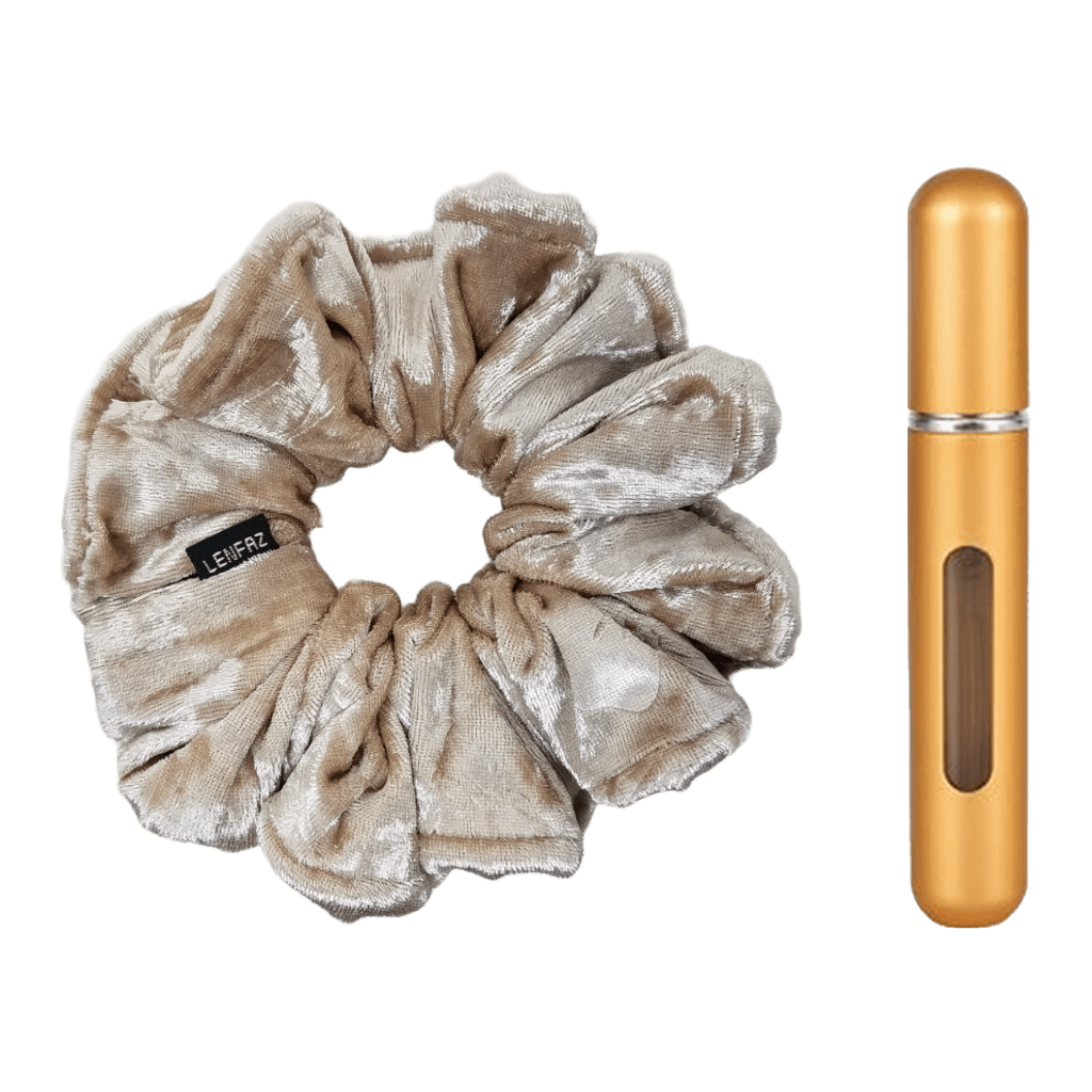 French Vanilla Velvet Scrunchie and Champagne Gold Mini Perfume Refillable Spray Bottle Gift Set