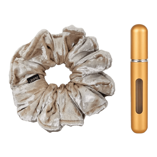French Vanilla Velvet Scrunchie and Champagne Gold Mini Perfume Refillable Spray Bottle Gift Set