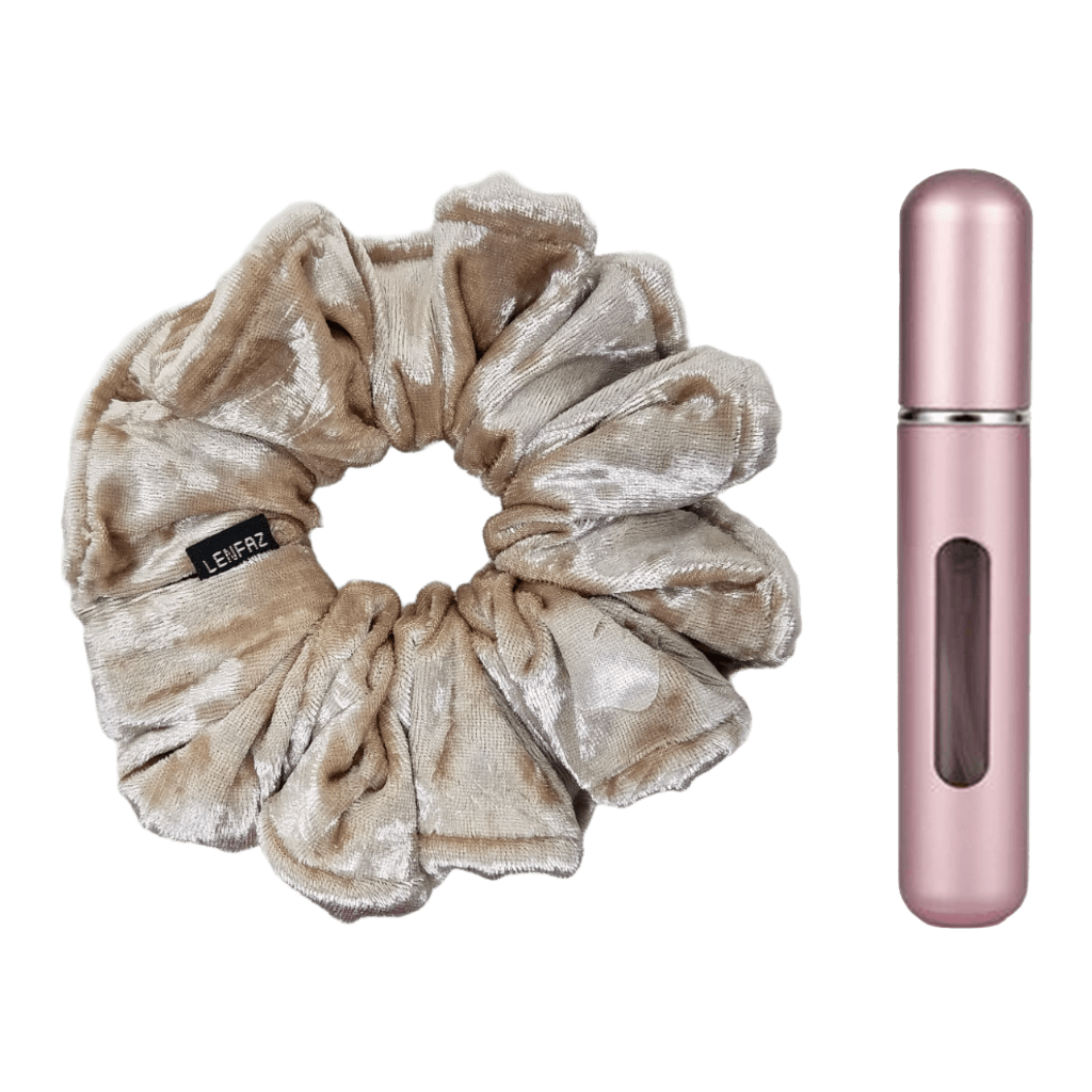 French Vanilla Velvet Scrunchie and Light Pink Mini Perfume Refillable Spray Bottle Gift Set