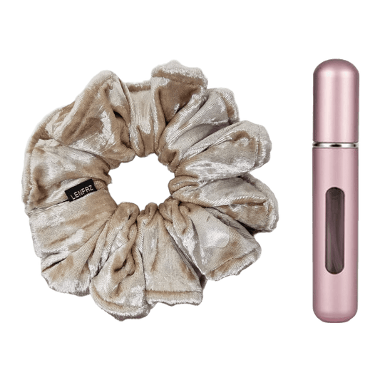 French Vanilla Velvet Scrunchie and Light Pink Mini Perfume Refillable Spray Bottle Gift Set
