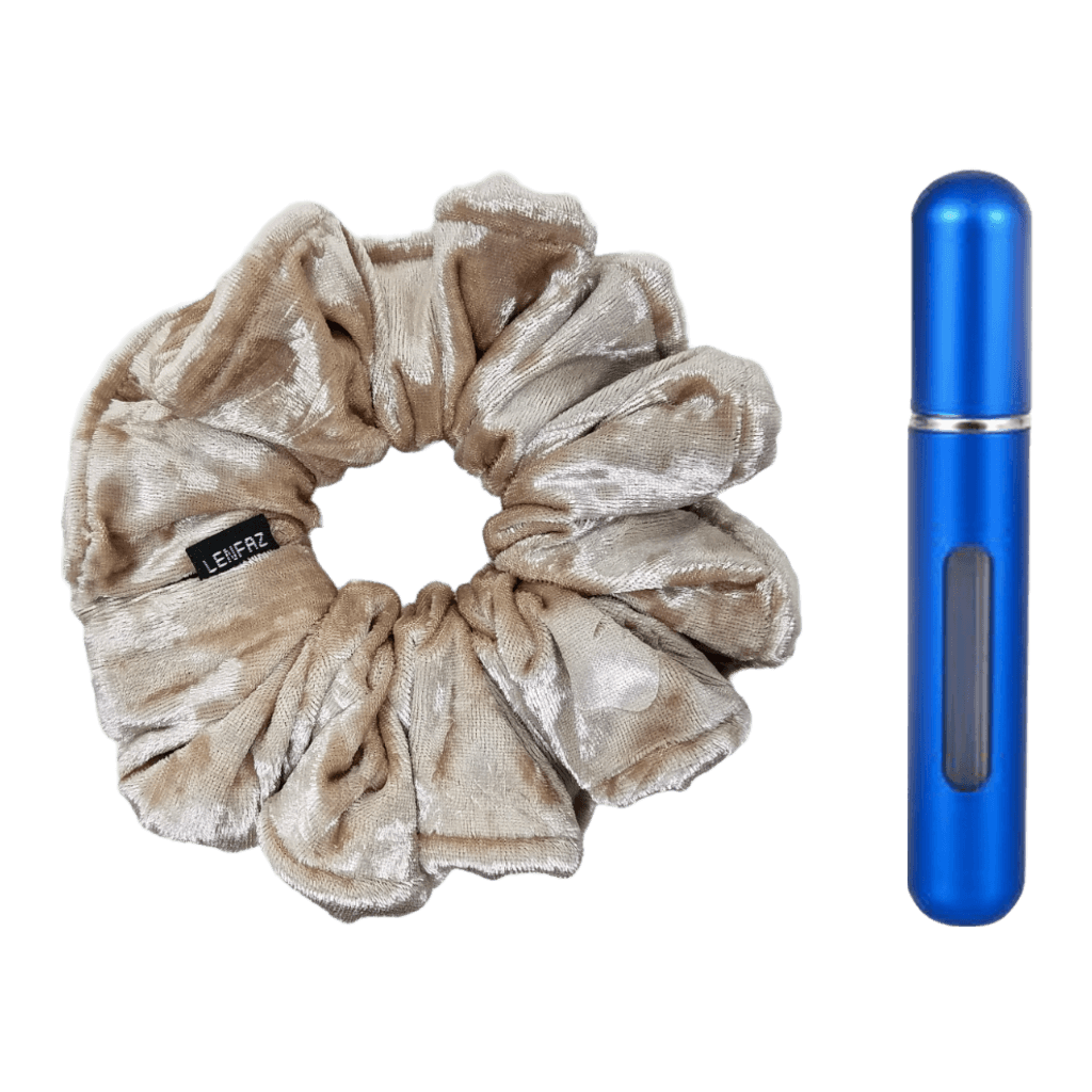French Vanilla Velvet Scrunchie and Royal Blue Mini Perfume Refillable Spray Bottle Gift Set