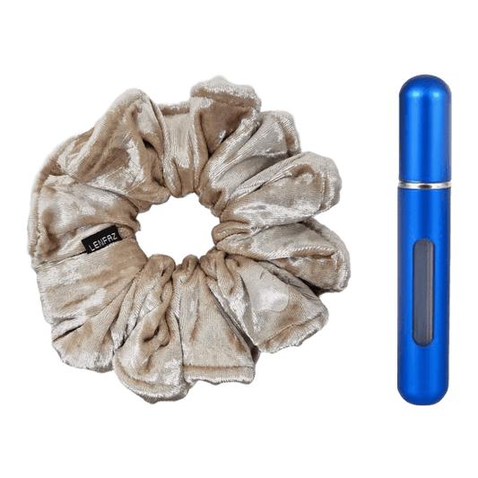 French Vanilla Velvet Scrunchie and Royal Blue Mini Perfume Refillable Spray Bottle Gift Set