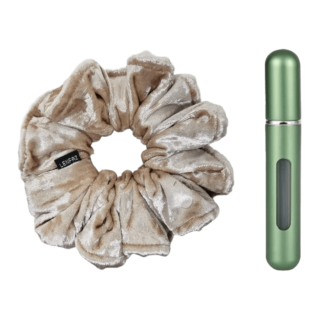 French Vanilla Velvet Scrunchie and Sage Green Mini Perfume Refillable Spray Bottle Gift Set