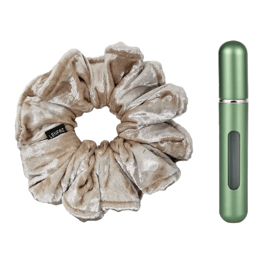 French Vanilla Velvet Scrunchie and Sage Green Mini Perfume Refillable Spray Bottle Gift Set
